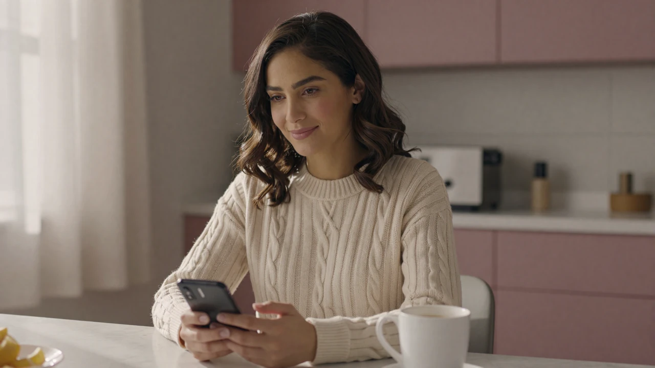 Woman in a cream sweater browsing a niche dating app at her kitchen table, illustrating how to find partners who prefer smaller