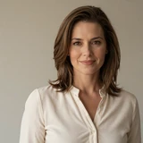 Portrait of a warm, smiling sex therapist in a cream blouse