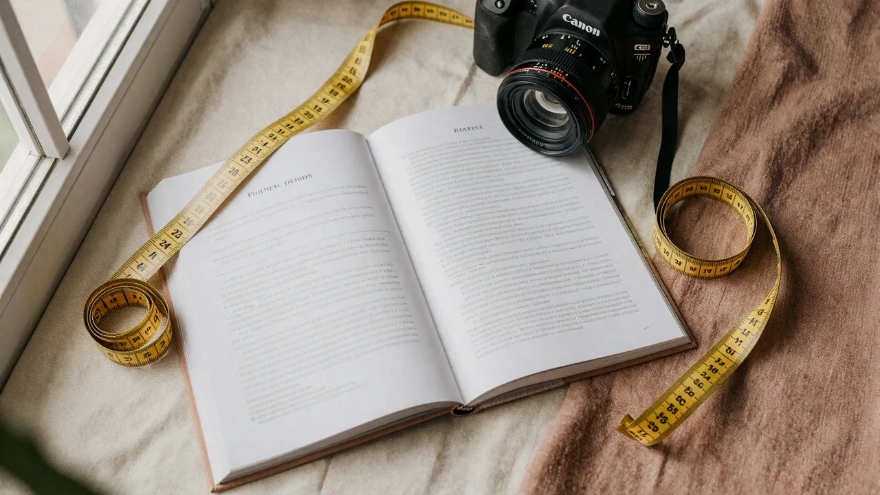 Editorial flat lay of open peer-reviewed journals and a brass measuring tape on cream linen, illustrating size matters dating research