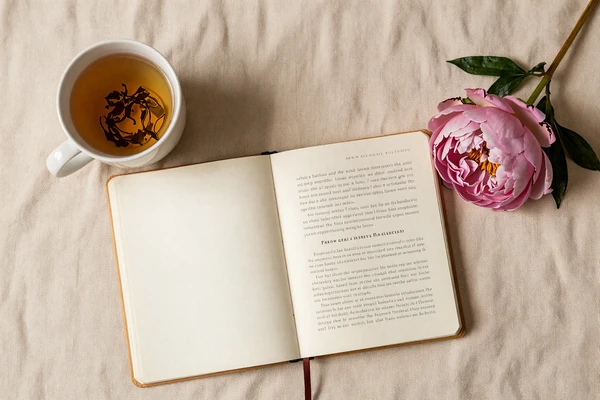 Editorial flatlay of notebook, tea, and book representing the NotAboutSize blog reading room