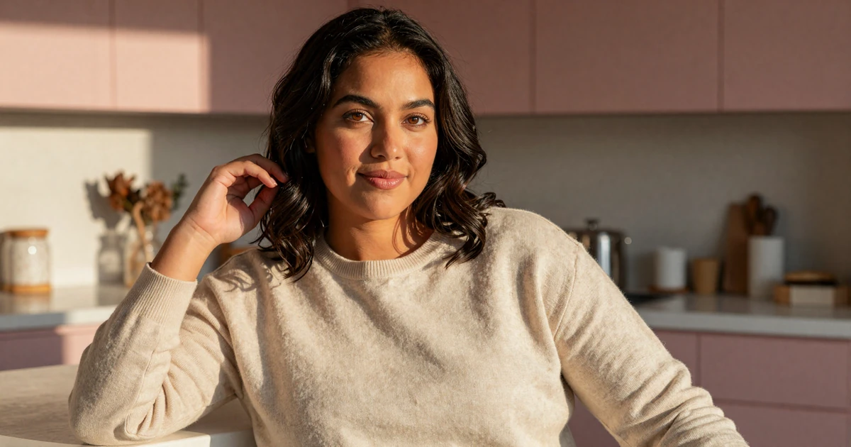 Curvy woman in cream linen sweater laughing in a sunlit kitchen, illustrating what men find attractive in women
