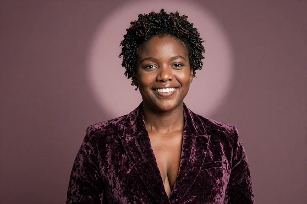 Confident woman in plum velvet blazer representing the small penis fetish category