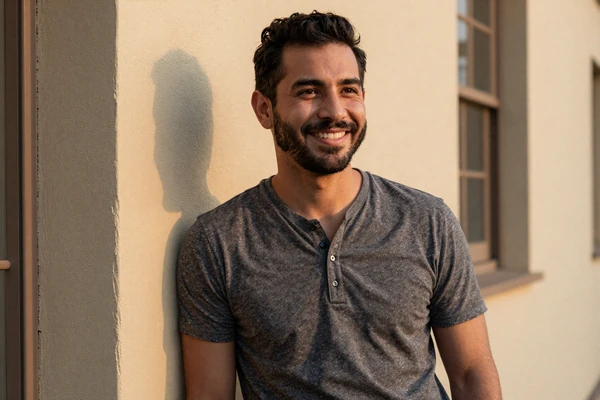 Smiling man in henley shirt representing the small penis men dating category