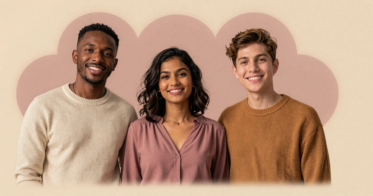 Warm editorial portrait collage of a gay man, a bisexual woman, and a transgender person on an inclusive specialty dating site