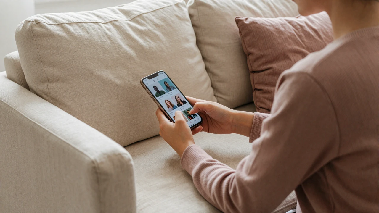 Person reading dating app messages on a cozy linen sofa, illustrating whether online dating is worth it in 2026