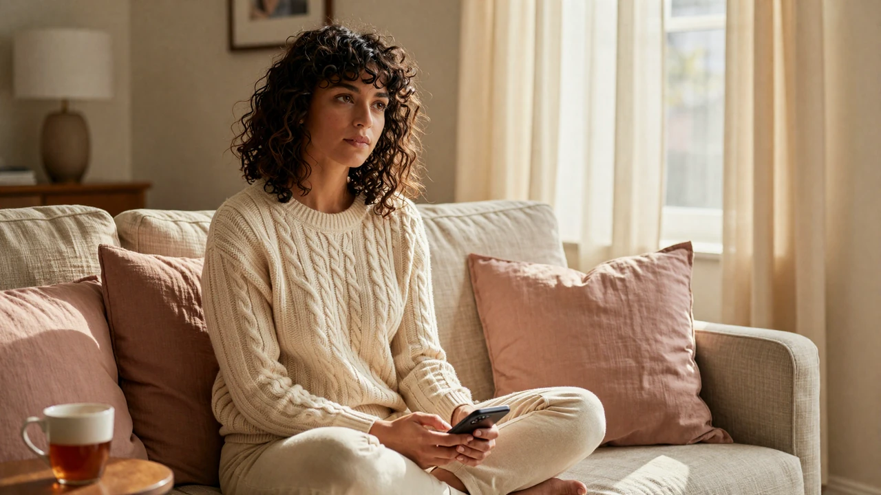 Woman in cream sweater reviewing a dating app on her phone in a sunlit living room, illustrating mindful online dating safety habits