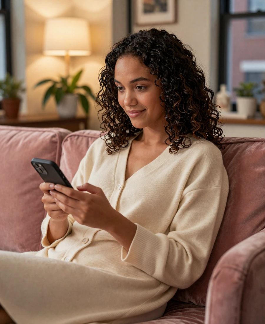 Naomi, a NotAboutSize chat member reading a private message on her phone from a dusty-rose couch in a cozy Brooklyn apartment