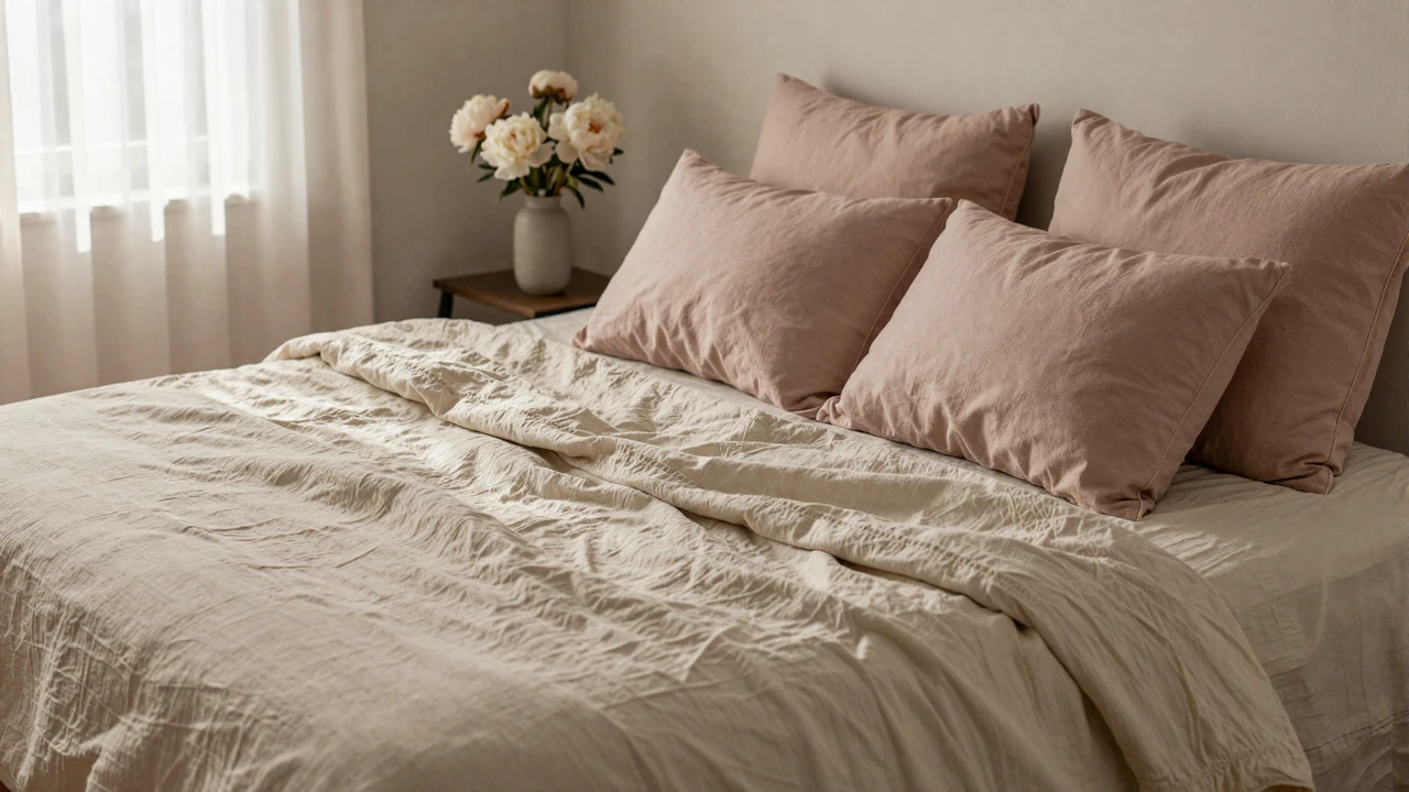 Cozy sunlit bedroom with rumpled cream linen sheets and dusty rose pillows illustrating intimate small penis sex positions