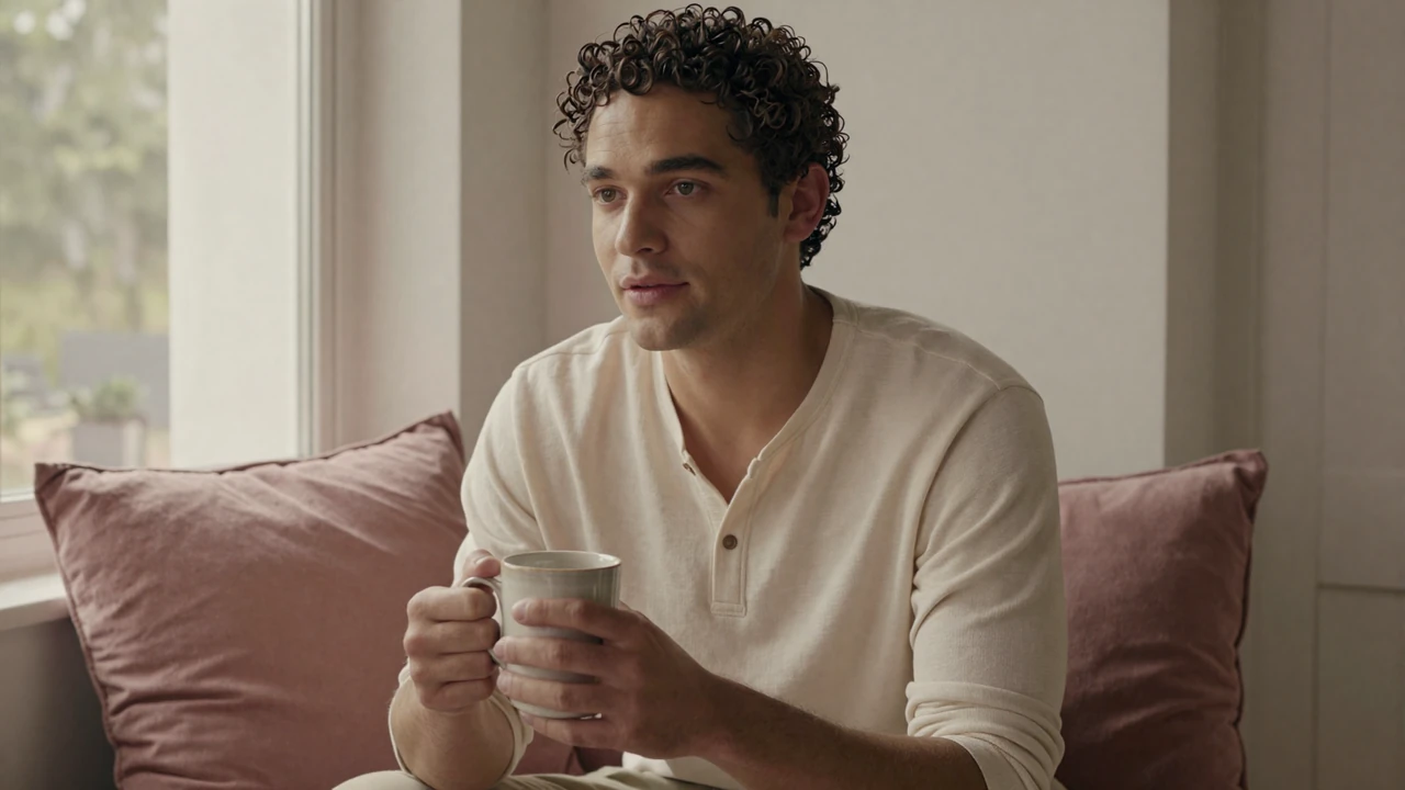 Thoughtful man sitting by a sunlit window with a warm mug, reflecting calmly on disclosure anxiety in small penis dating