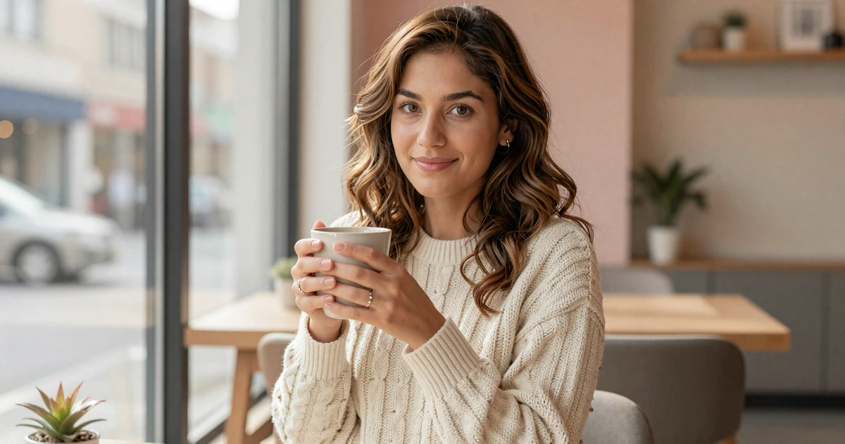 Smiling woman in a cream cable-knit sweater holding a ceramic mug at a bright cafe window, illustrating what women find attractive in men