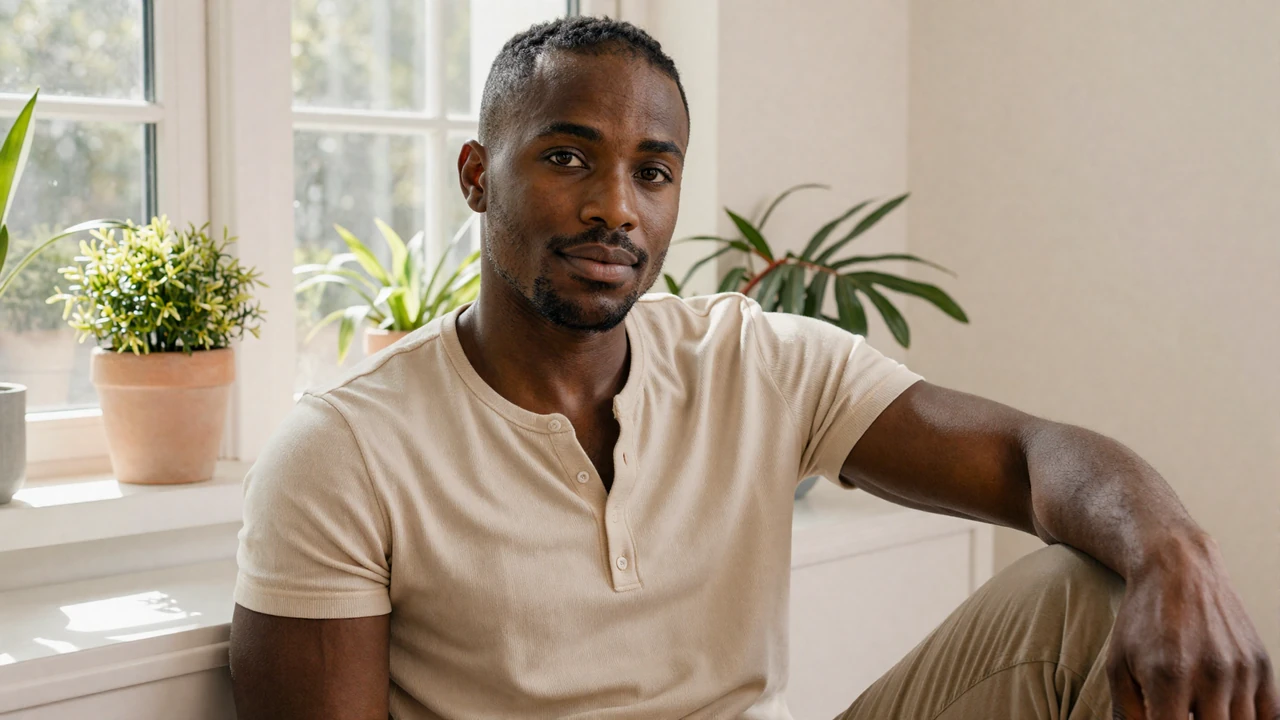 Calm portrait of a man sitting by a sunlit window practicing body confidence with quiet self-acceptance
