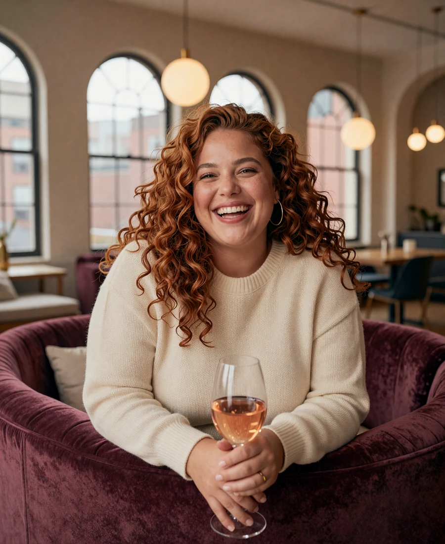 Maya, a 32-year-old club member relaxing on a plum velvet chaise during a Brooklyn community evening