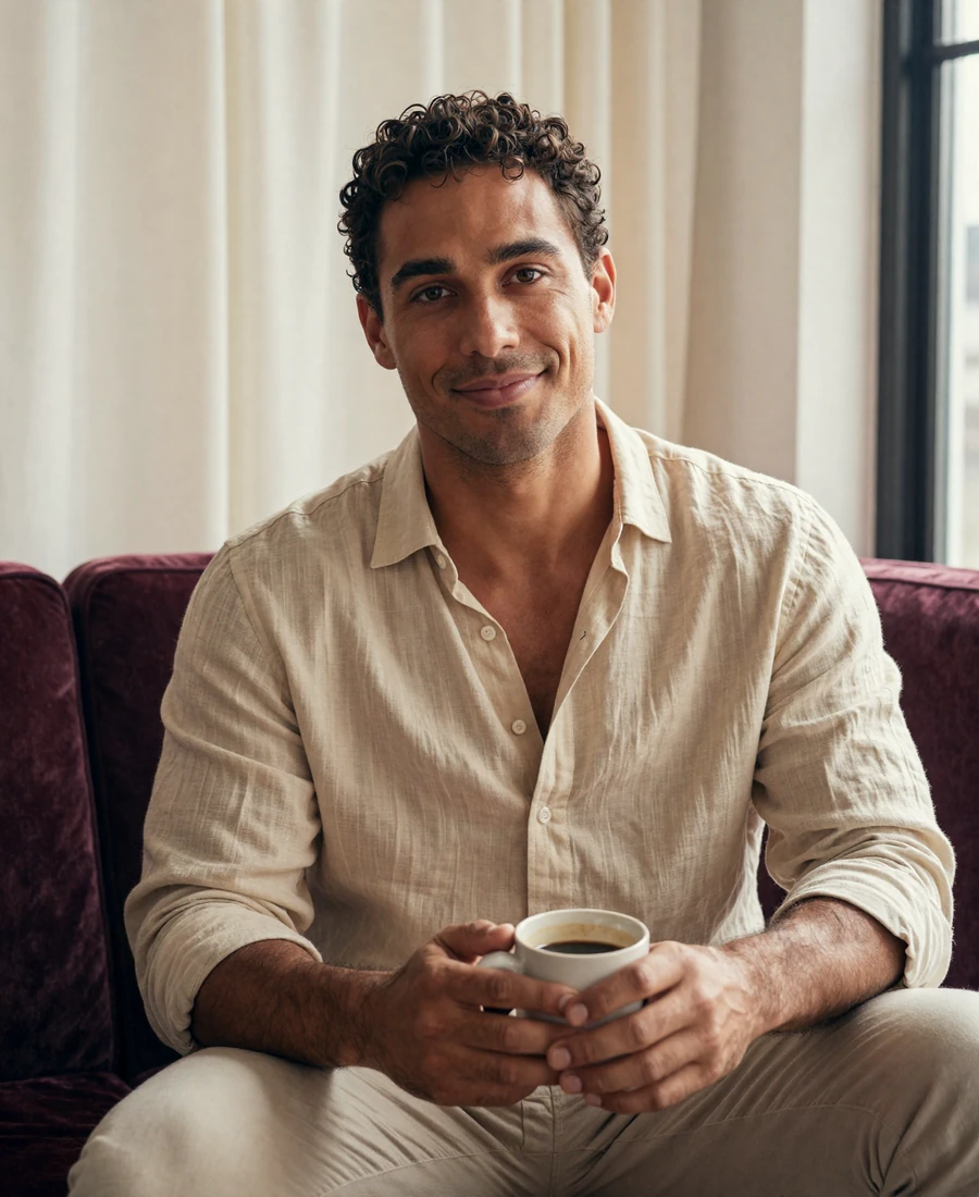 Eli, a confident 34-year-old member relaxing in a warm Brooklyn loft, representing small penis men on the specialty dating site