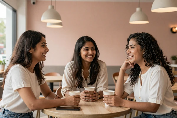 Three diverse adults laughing together at a cafe representing the small penis club community