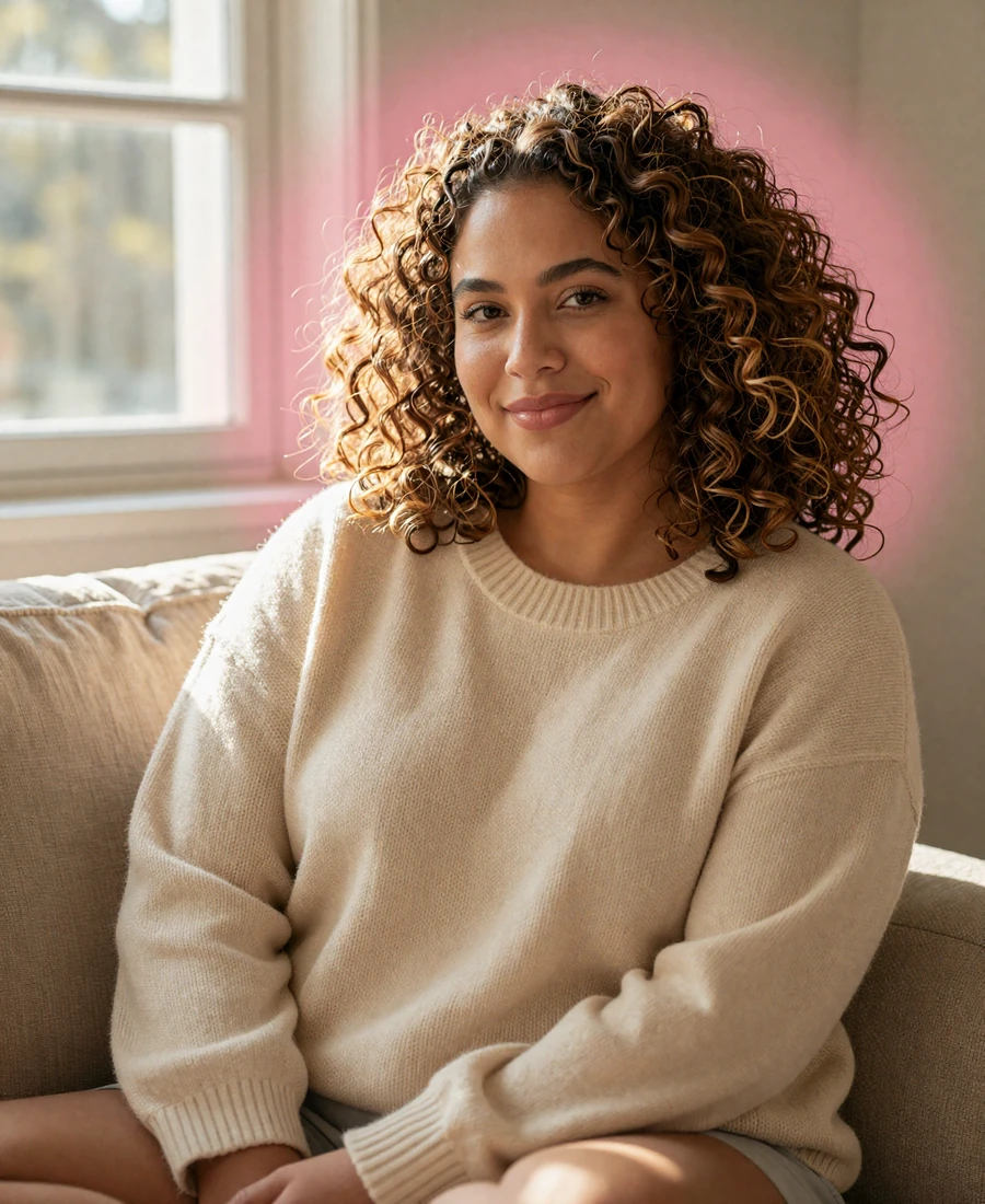 Smiling woman in cream sweater relaxing in warm afternoon light, representing the body-positive small penis dating community